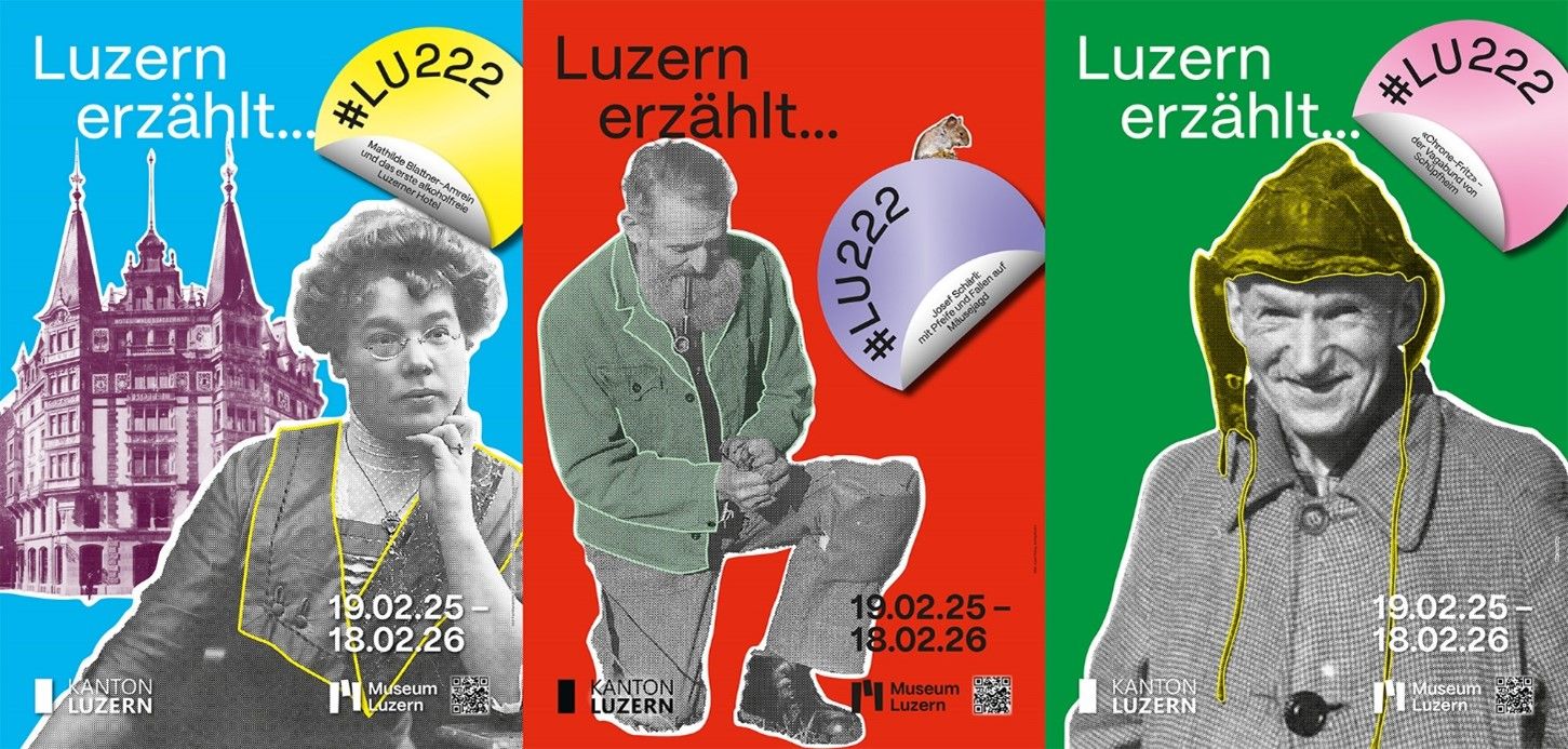 Plakate der Gewinner-Geschichten «LU222 – Luzern erzählt...», Gestaltung: Jeanne Reinacher
